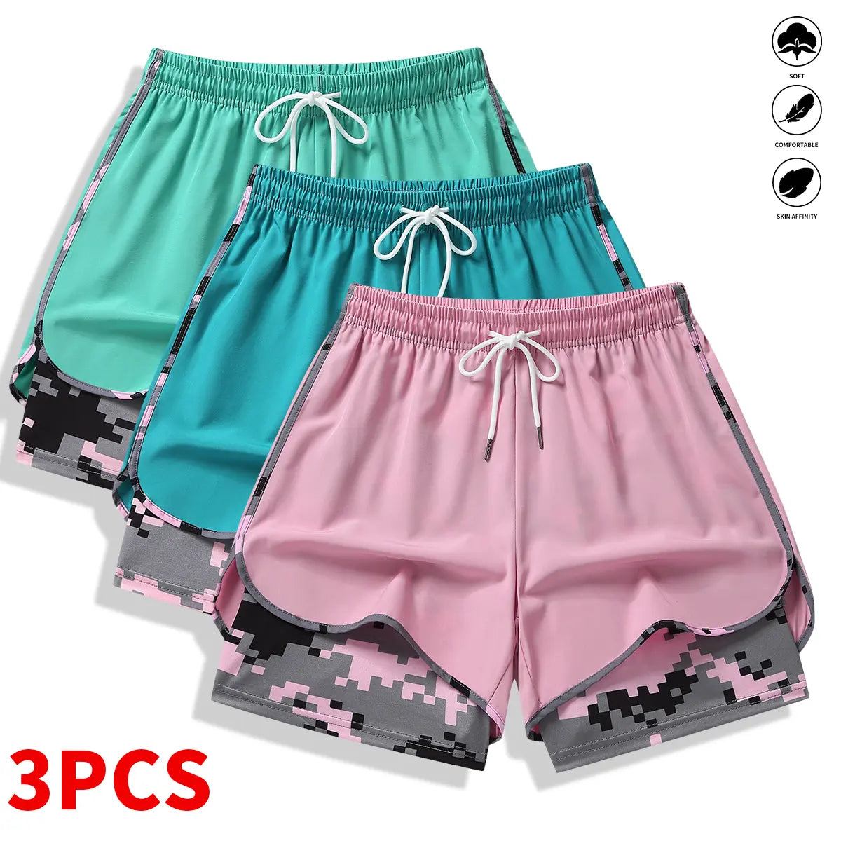 3-Pack Women's Casual Athletic Shorts with Built-In Liner and Adjustable Drawstring Waistband - Ideal for Outdoor Sports, Fitness, Running, and Everyday Wear