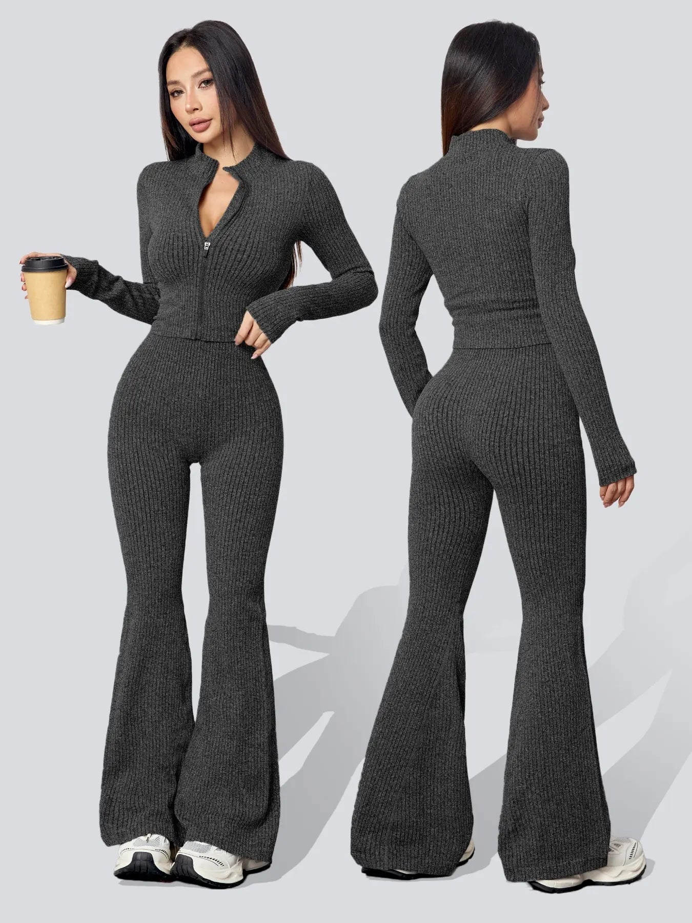 Women's Knit Two-Piece Tracksuit Set: Textured Sweatsuit with Ribbed Jacket and High-Waisted Flare Pants for Casual Fitness and Yoga in Autumn/Winter