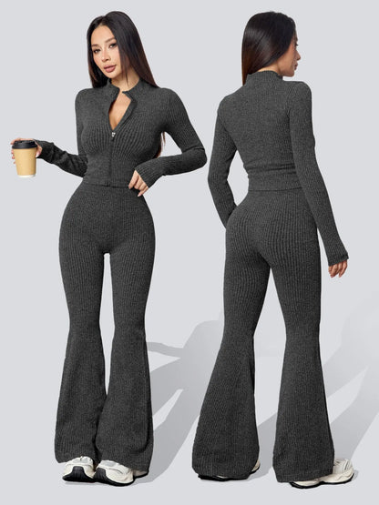 Women's Knit Two-Piece Tracksuit Set: Textured Sweatsuit with Ribbed Jacket and High-Waisted Flare Pants for Casual Fitness and Yoga in Autumn/Winter