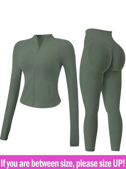 Women's 2-Piece Seamless Athletic Tracksuit Set with Stand-Collar Zipper Top and Slim Fit Hip-Lifting Pants, Quick-Dry Stretch Fabric with Thumb Holes for Optimal Performance and Comfort
