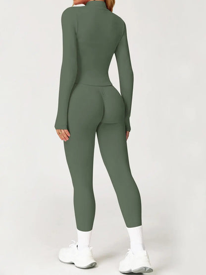 Women's 2-Piece Seamless Athletic Tracksuit Set with Stand-Collar Zipper Top and Slim Fit Hip-Lifting Pants, Quick-Dry Stretch Fabric with Thumb Holes for Optimal Performance and Comfort
