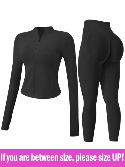 Women's 2-Piece Seamless Athletic Tracksuit Set with Stand-Collar Zipper Top and Slim Fit Hip-Lifting Pants, Quick-Dry Stretch Fabric with Thumb Holes for Optimal Performance and Comfort
