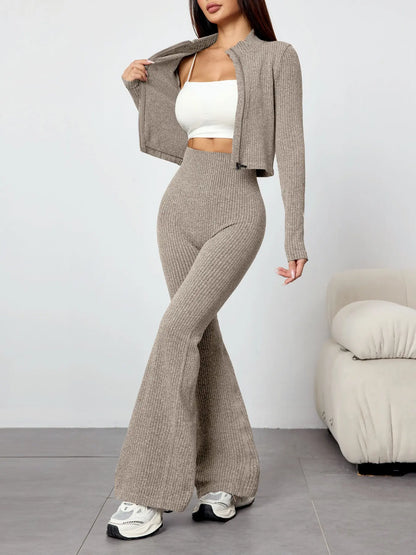 Women's Knit Two-Piece Tracksuit Set: Textured Sweatsuit with Ribbed Jacket and High-Waisted Flare Pants for Casual Fitness and Yoga in Autumn/Winter