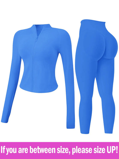 Women's 2-Piece Seamless Athletic Tracksuit Set with Stand-Collar Zipper Top and Slim Fit Hip-Lifting Pants, Quick-Dry Stretch Fabric with Thumb Holes for Optimal Performance and Comfort