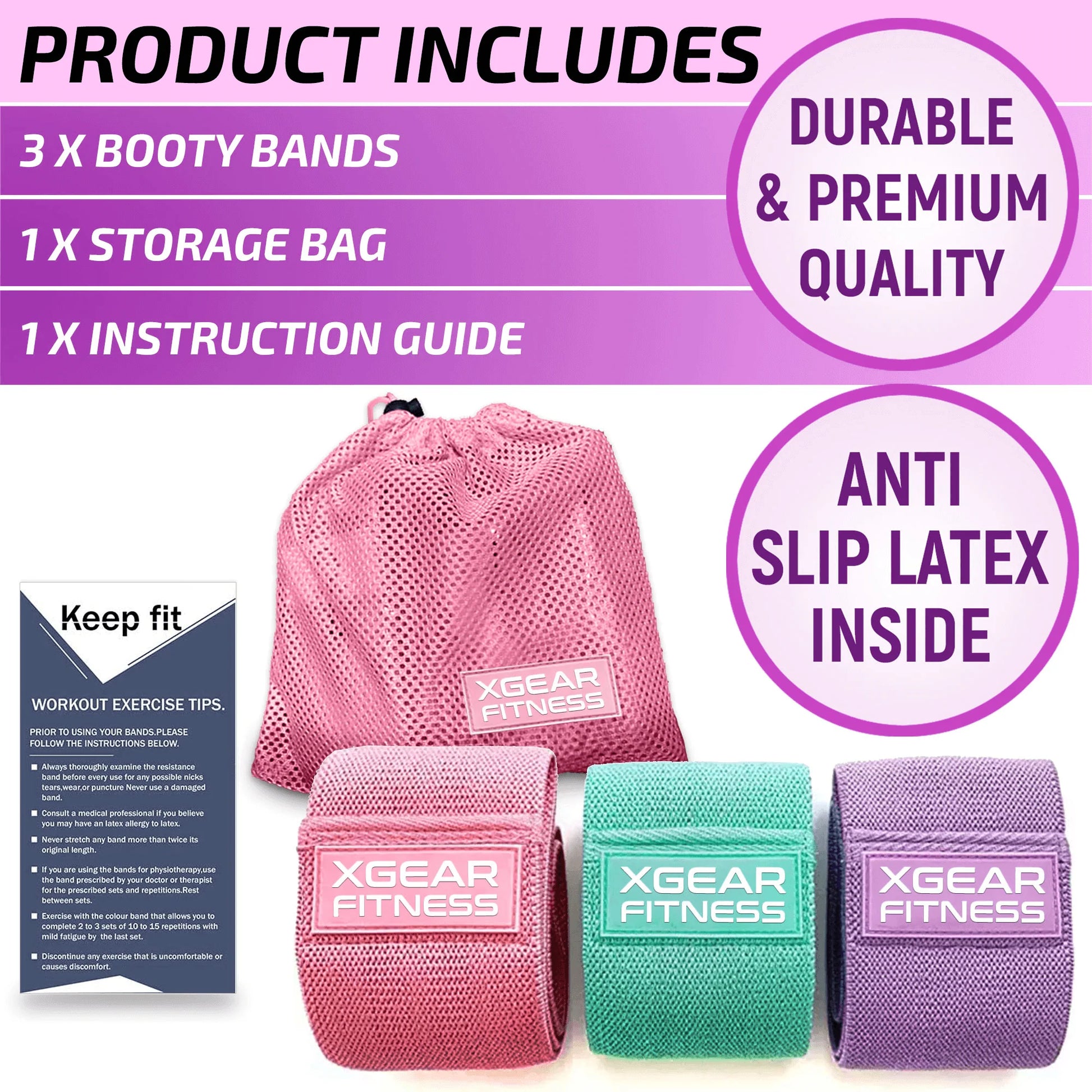 Xgear Women's Fitness Set of 3 Butt and Hip Exercise Bands