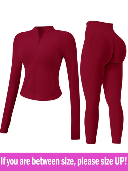 Women's 2-Piece Seamless Athletic Tracksuit Set with Stand-Collar Zipper Top and Slim Fit Hip-Lifting Pants, Quick-Dry Stretch Fabric with Thumb Holes for Optimal Performance and Comfort