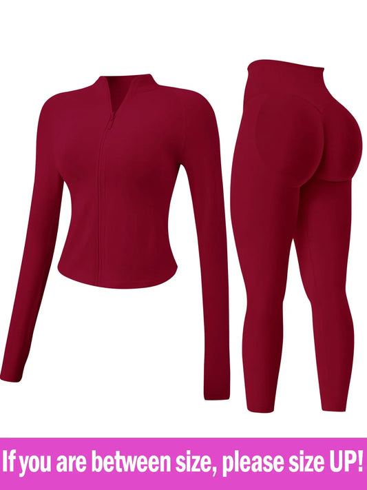 Women's 2-Piece Seamless Athletic Tracksuit Set with Stand-Collar Zipper Top and Slim Fit Hip-Lifting Pants, Quick-Dry Stretch Fabric with Thumb Holes for Optimal Performance and Comfort