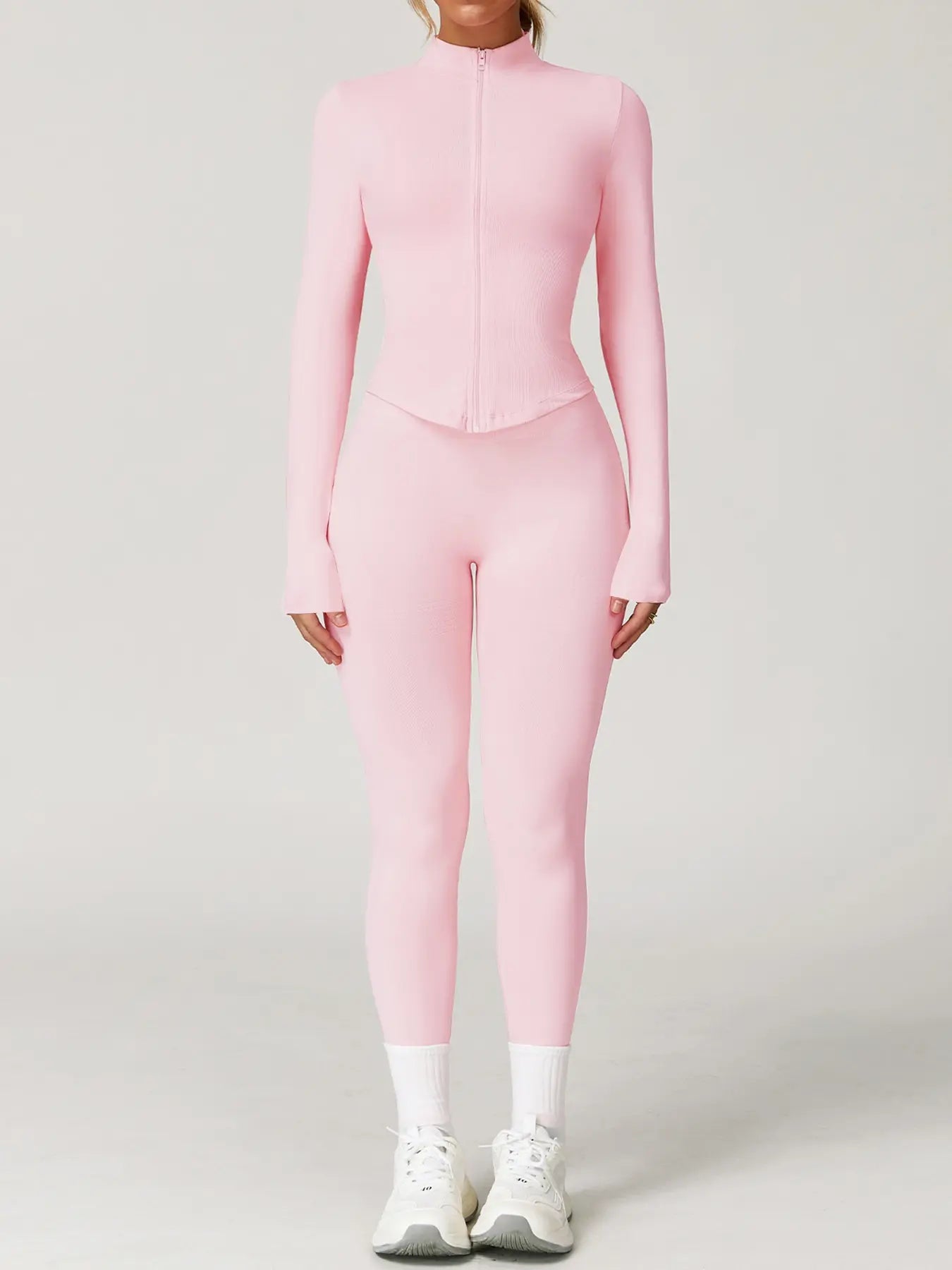 Women's 2-Piece Seamless Athletic Tracksuit Set with Stand-Collar Zipper Top and Slim Fit Hip-Lifting Pants, Quick-Dry Stretch Fabric with Thumb Holes for Optimal Performance and Comfort