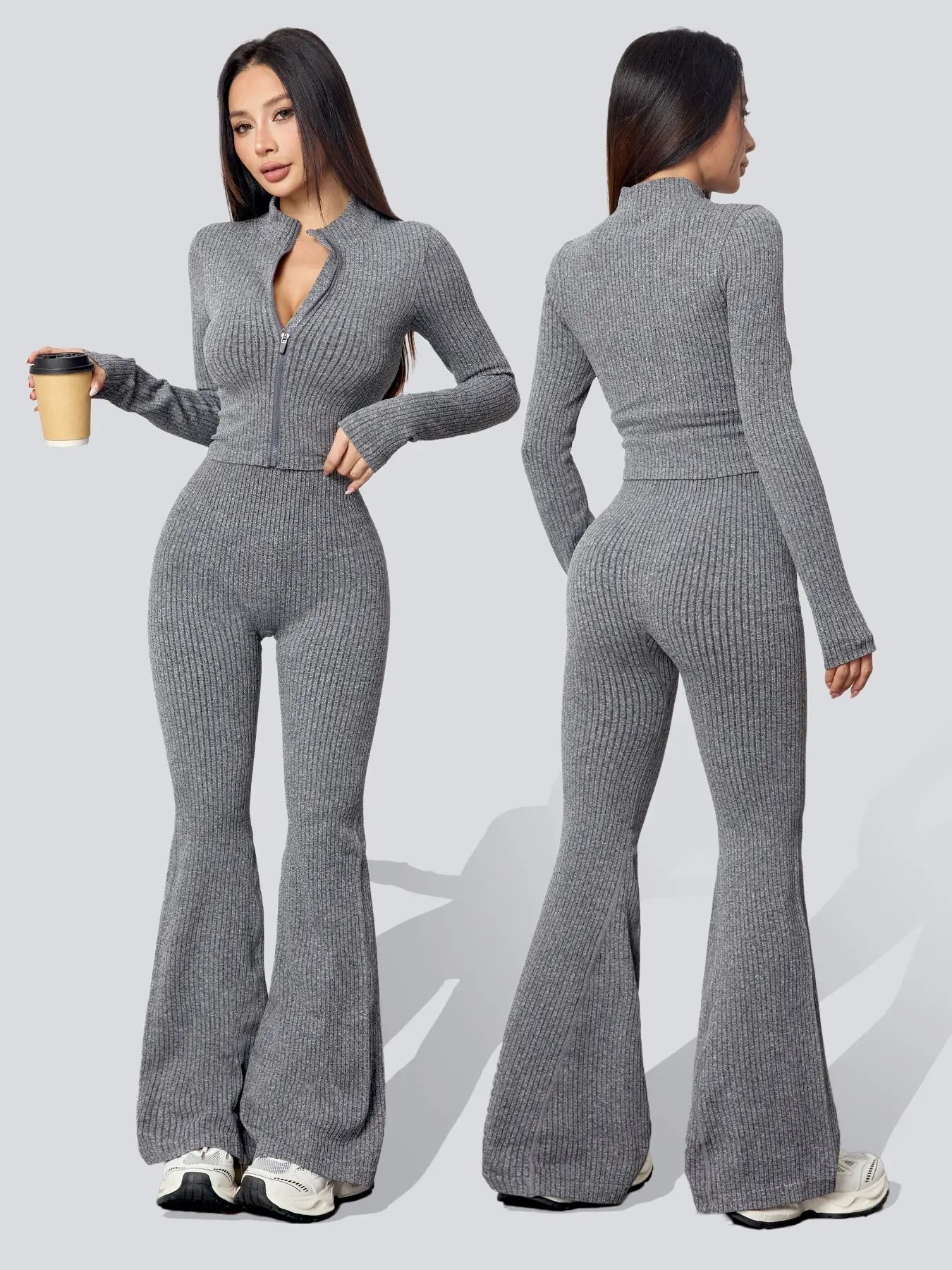 Women's Knit Two-Piece Tracksuit Set: Textured Sweatsuit with Ribbed Jacket and High-Waisted Flare Pants for Casual Fitness and Yoga in Autumn/Winter
