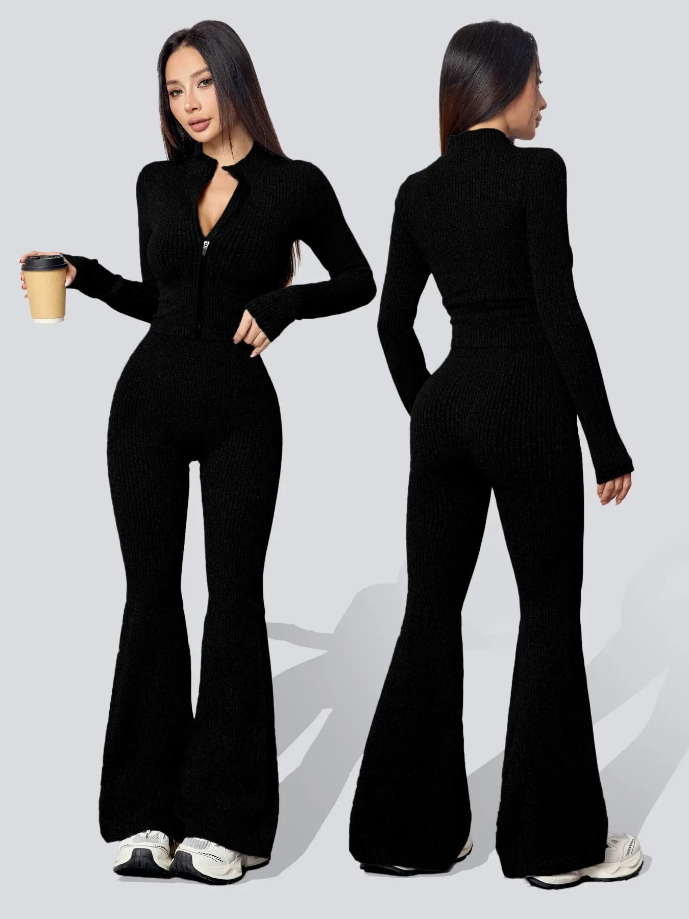 Women's Knit Two-Piece Tracksuit Set: Textured Sweatsuit with Ribbed Jacket and High-Waisted Flare Pants for Casual Fitness and Yoga in Autumn/Winter