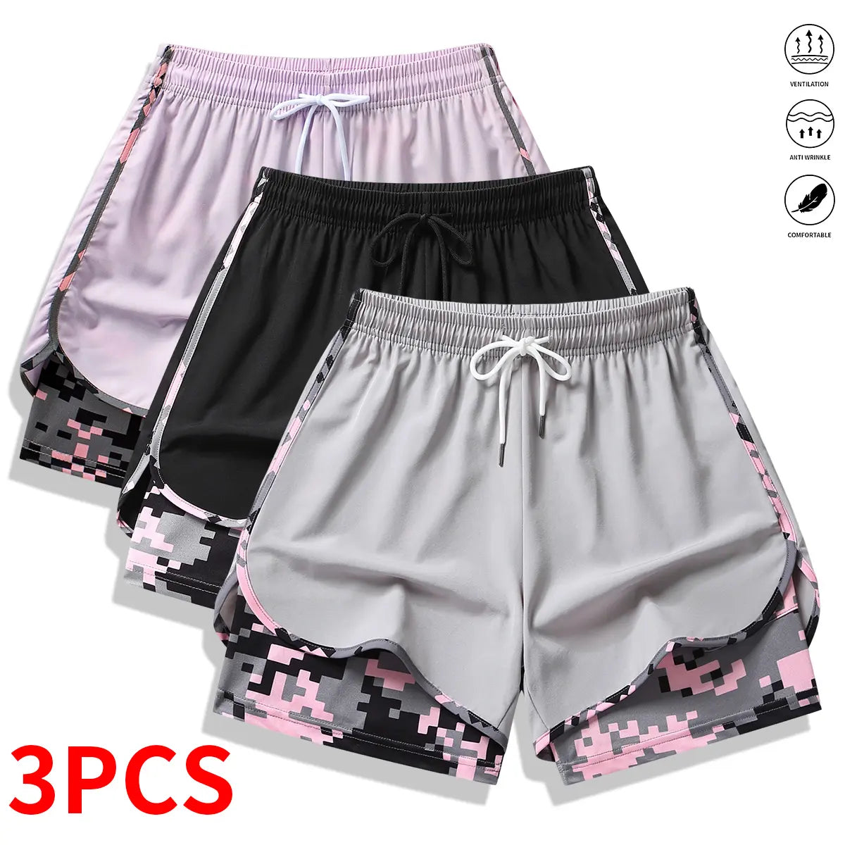 3-Pack Women's Casual Athletic Shorts with Built-In Liner and Adjustable Drawstring Waistband - Ideal for Outdoor Sports, Fitness, Running, and Everyday Wear