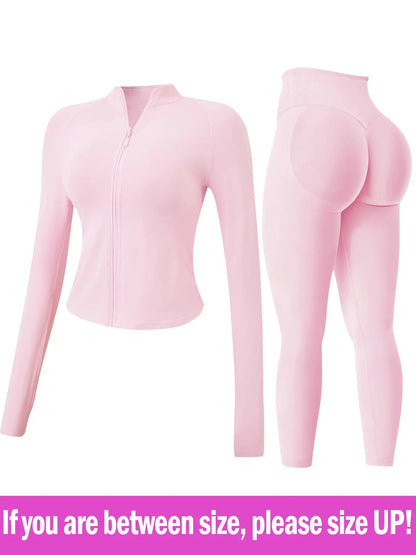 Women's 2-Piece Seamless Athletic Tracksuit Set with Stand-Collar Zipper Top and Slim Fit Hip-Lifting Pants, Quick-Dry Stretch Fabric with Thumb Holes for Optimal Performance and Comfort