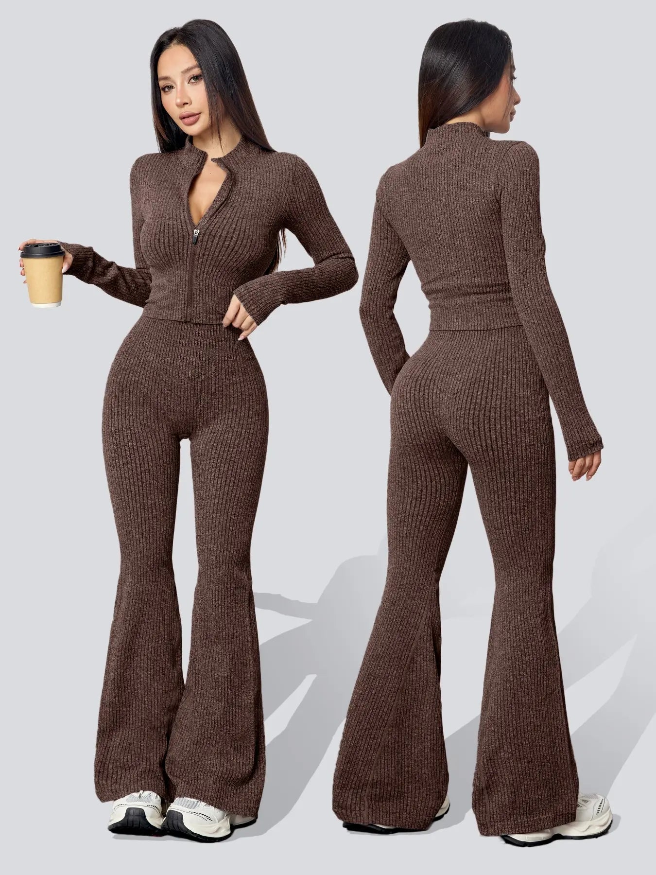 Women's Knit Two-Piece Tracksuit Set: Textured Sweatsuit with Ribbed Jacket and High-Waisted Flare Pants for Autumn and Winter Yoga and Gym Wear