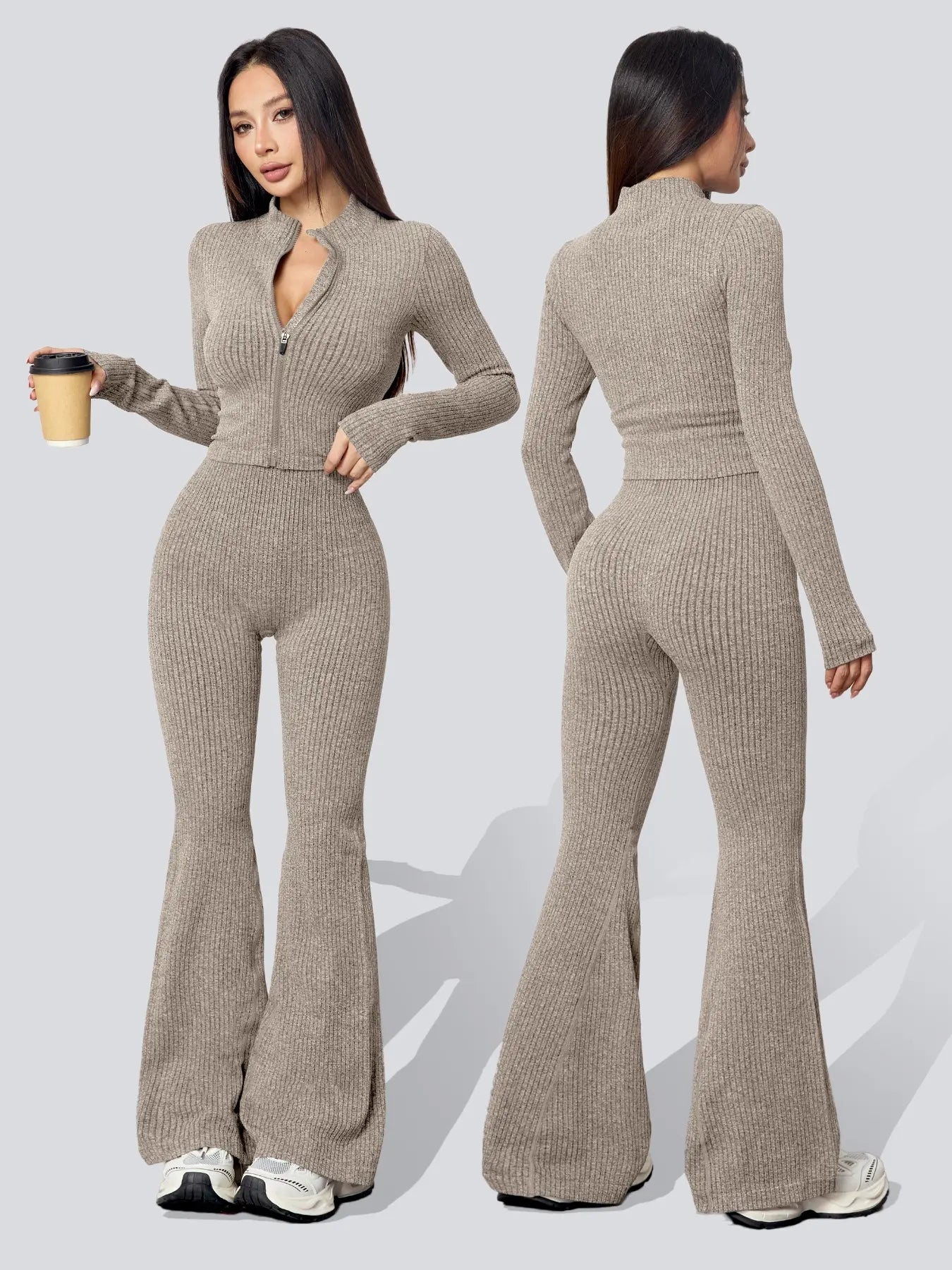 Women's Knit Two-Piece Tracksuit Set: Textured Sweatsuit with Ribbed Jacket and High-Waisted Flare Pants for Casual Fitness and Yoga in Autumn/Winter