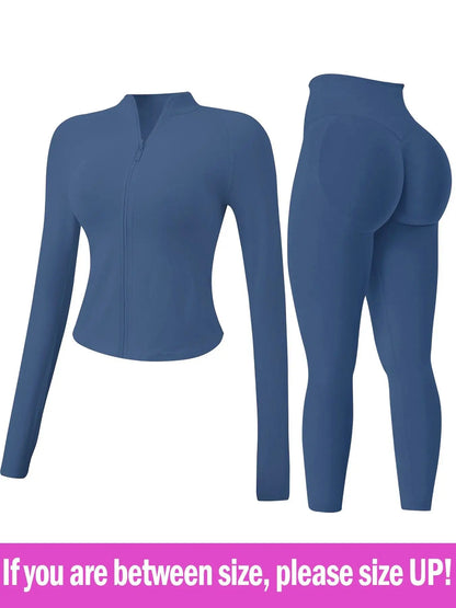 Women's 2-Piece Seamless Athletic Tracksuit Set with Stand-Collar Zipper Top and Slim Fit Hip-Lifting Pants, Quick-Dry Stretch Fabric with Thumb Holes for Optimal Performance and Comfort
